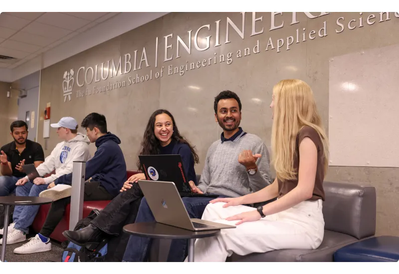 Columbia students talking in the lobby